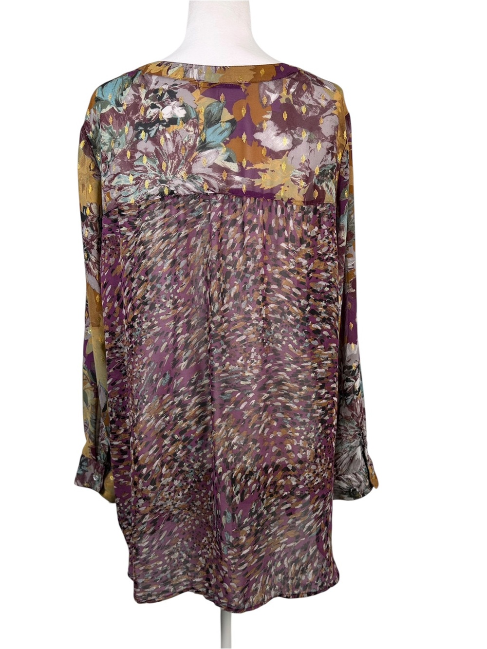 Figueroa & Flower Sheer Floral Button-Down Shirt in Purple & Gold Plus Size 1X - Picture 5 of 11